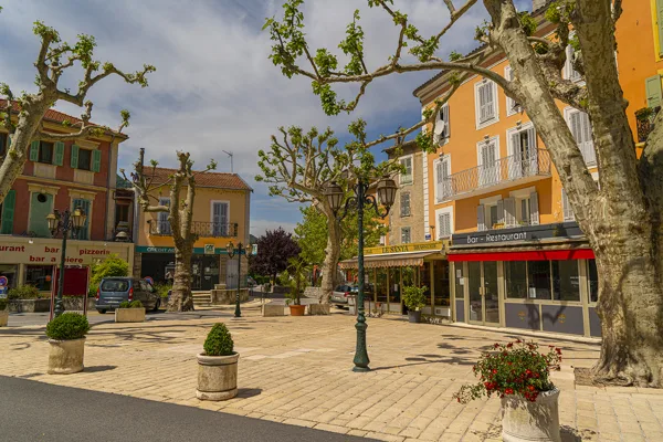 la place principale avec ses platanes et ses terrasses de café